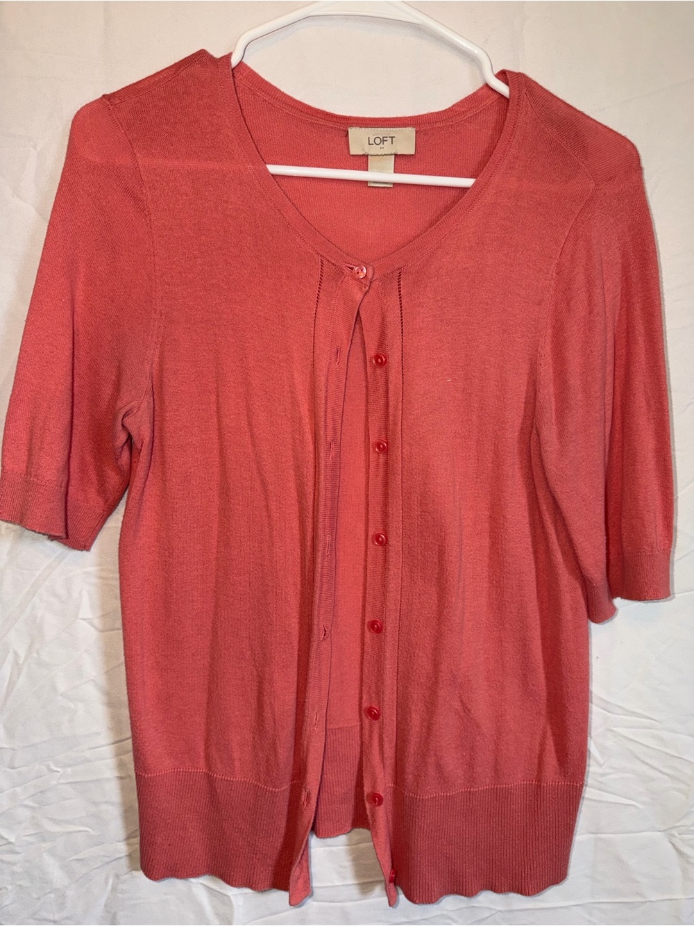 LOFT Coral-Red Short Sleeve Button Cardigan